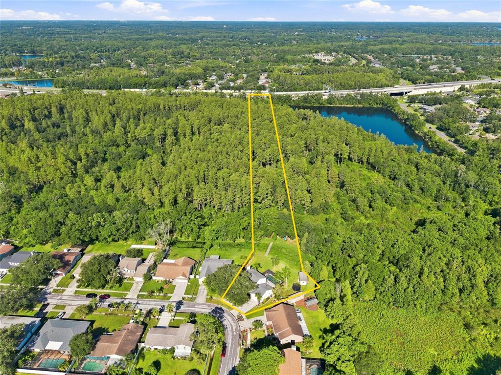 An aerial view shows a house with a large, narrow, wooded backyard lot — 16126 COUNTRY CROSSING DRIVE, TAMPA, FL
