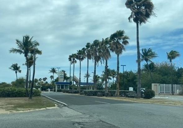 A paved road leads toward a gated entrance lined with tall palm trees — CARR 1, PONCE, PR