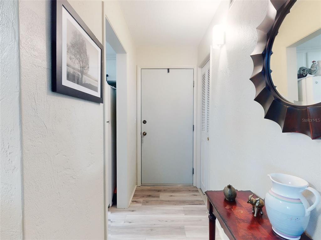 A hallway features a light-colored door, wood-look flooring, a framed picture, and a decorative mirror — 2101 N ATLANTIC AVENUE UNIT 10, DAYTONA BEACH, FL