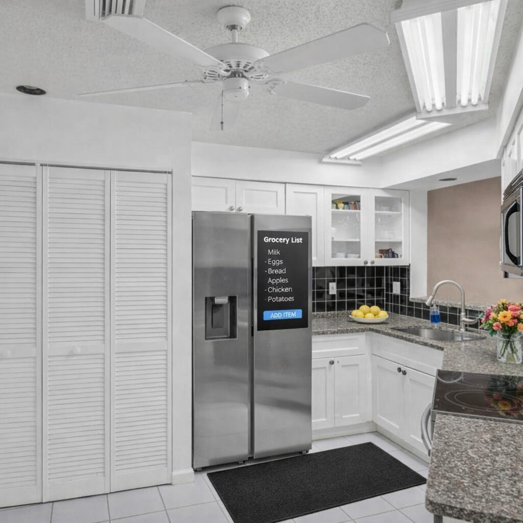 A kitchen features white cabinets, granite countertops, stainless steel appliances, and a ceiling fan — 9082 Boca Gardens Parkway # C, Boca Raton FL 33496, BOCA RATON, FL