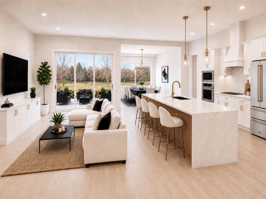 This is a digital rendering of an open-concept living room, dining area, and modern kitchen — 5204 BAKER AVENUE, ORLANDO, FL
