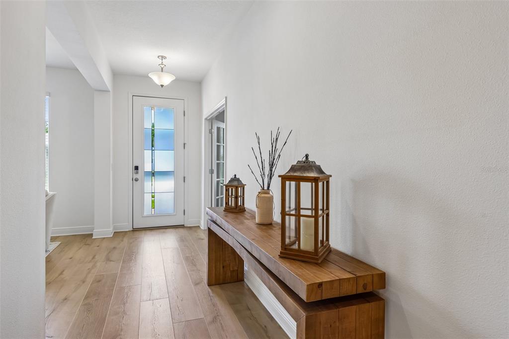 A bright entryway features light wood flooring, a white front door, and a wooden console table — 6100 SIERRA CROWN STREET, MOUNT DORA, FL
