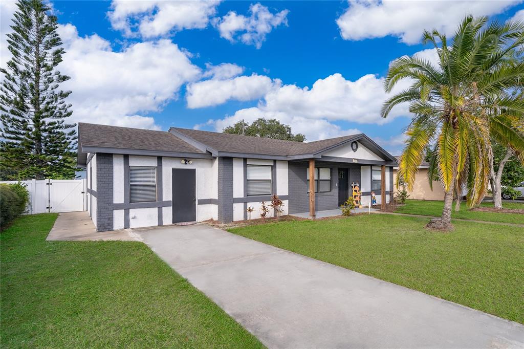 A single-story house with a gray and white exterior, a concrete driveway, and a palm tree — 4522 FETROW DRIVE, ORLANDO, FL