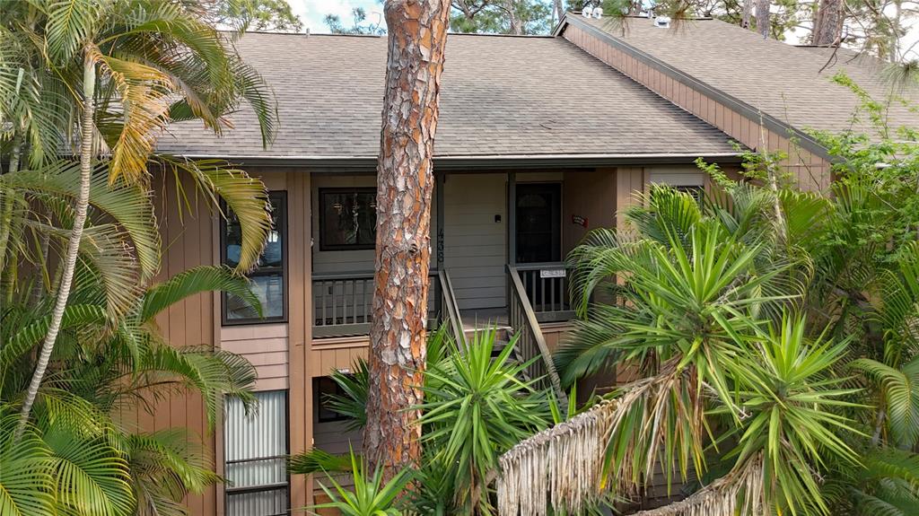 An exterior view of a two-story apartment building with wooden siding and a pine tree — 1715 PELICAN COVE ROAD UNIT GL438, SARASOTA, FL