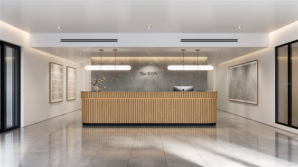 This rendering shows a modern lobby with a fluted wood reception desk and marble wall — The Icon 1120 ASHFORD AVE UNIT 702, SAN JUAN, PR