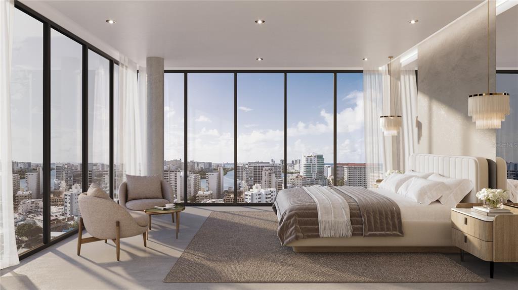 This rendering shows a modern bedroom with floor-to-ceiling windows overlooking a city skyline — The Icon 1120 ASHFORD AVE UNIT 702, SAN JUAN, PR