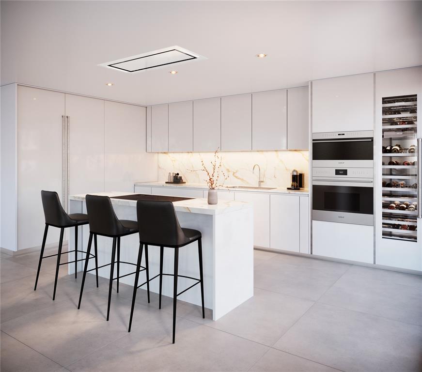 This is a rendering of a modern white kitchen with an island and bar stools — The Icon 1120 ASHFORD AVE UNIT 702, SAN JUAN, PR
