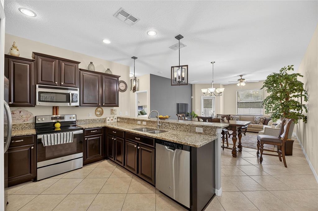 A kitchen with dark wood cabinets, granite countertops, and stainless steel appliances overlooks a dining area — 20041 SATIN LEAF AVENUE, TAMPA, FL