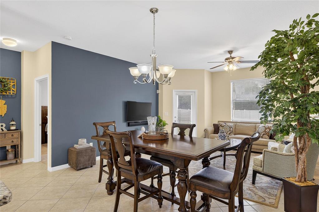 A dining area with a dark wood table and chairs sits before a blue accent wall — 20041 SATIN LEAF AVENUE, TAMPA, FL