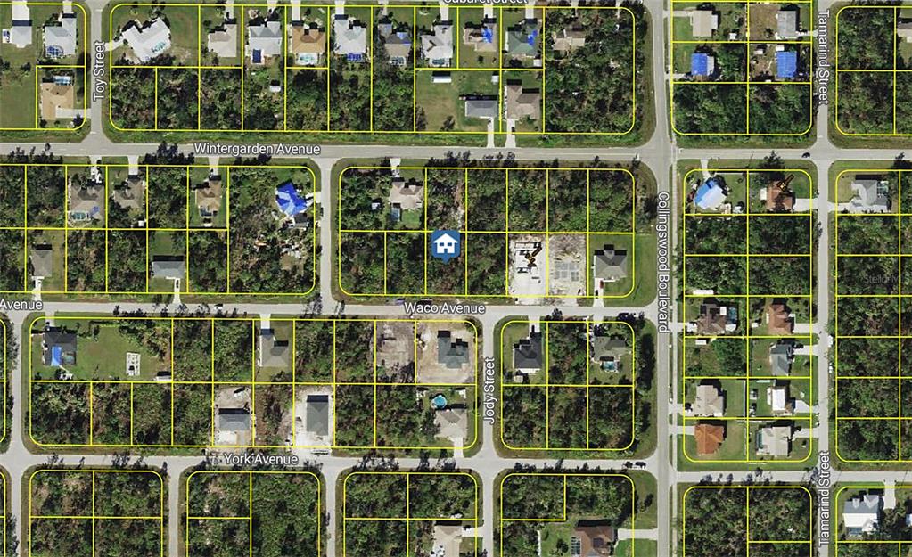 This is an aerial map showing residential lots and streets in a suburban neighborhood — 17492 WACO AVENUE, PORT CHARLOTTE, FL