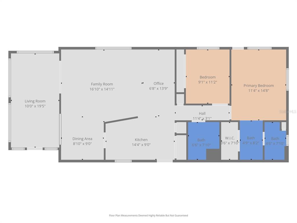This is a floor plan showing a home with a living room, kitchen, and three bathrooms — 82209 F STREET N UNIT 209, PINELLAS PARK, FL