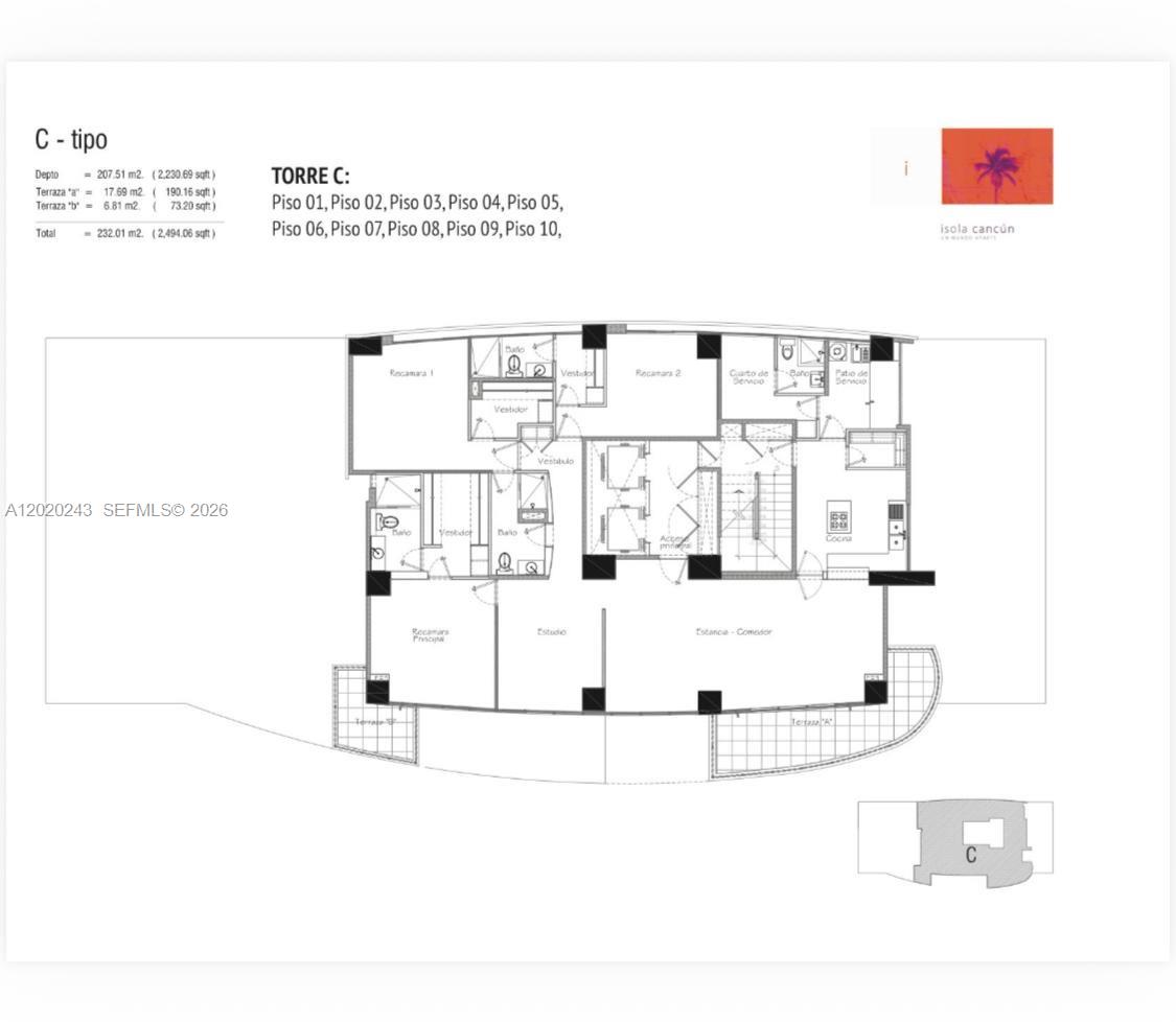 This is a floor plan for a residential apartment unit labeled C-tipo — Av Bonampak sm 3-01 # 305, Ca, Ca