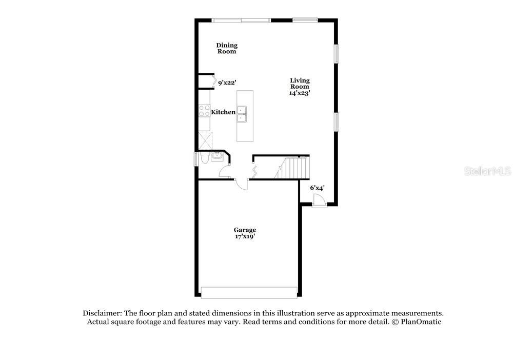 This is a floor plan showing a garage, kitchen, living room, and dining room — 7308 SPRING SNOWFLAKE AVENUE, TAMPA, FL