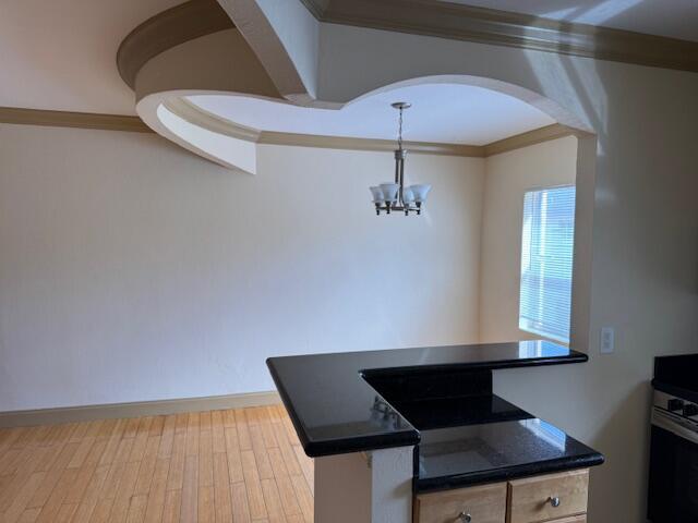 A dining area with a curved architectural ceiling feature, chandelier, and a black granite counter — 744 NE 14th Avenue # 12, Fort Lauderdale FL 33304, FORT LAUDERDALE, FL