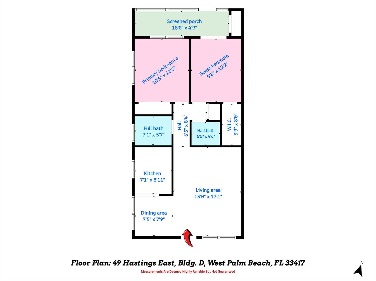 This is a floor plan showing the layout of a two-bedroom residential unit — 49 Hastings # D, West Palm Beach FL 33417, WEST PALM BEACH, FL