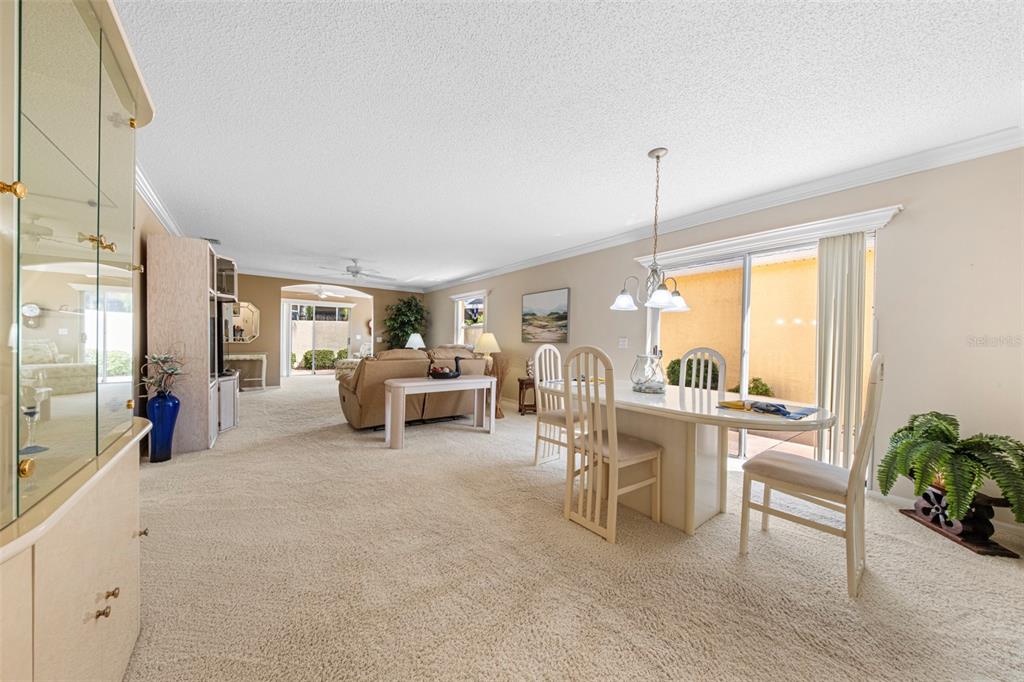 A dining area and living room with beige carpet, neutral walls, and sliding glass doors — 1137 SANTA CRUZ DRIVE, THE VILLAGES, FL