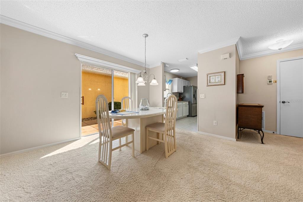 A dining area with carpeted floors, a table with three chairs, and a sliding glass door — 1137 SANTA CRUZ DRIVE, THE VILLAGES, FL