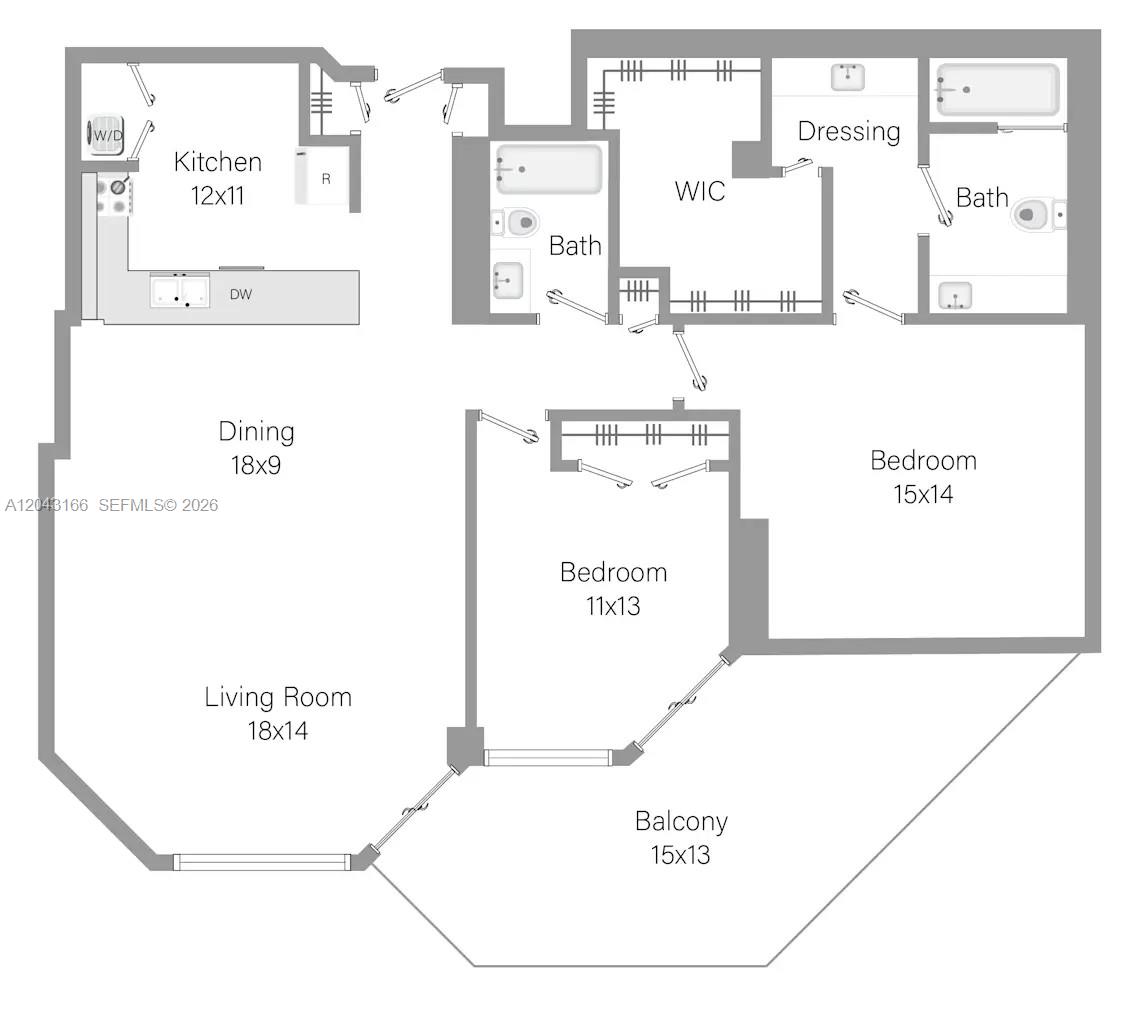 This is a floor plan for a two-bedroom apartment with a balcony and two bathrooms — 555 NE 34th St # 1102, Miami FL 33137, MIAMI, FL