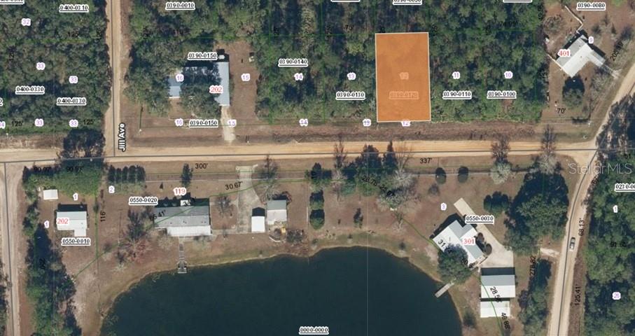 This is an aerial map showing a highlighted rectangular lot and surrounding properties near a lake — CANINE STREET, INTERLACHEN, FL
