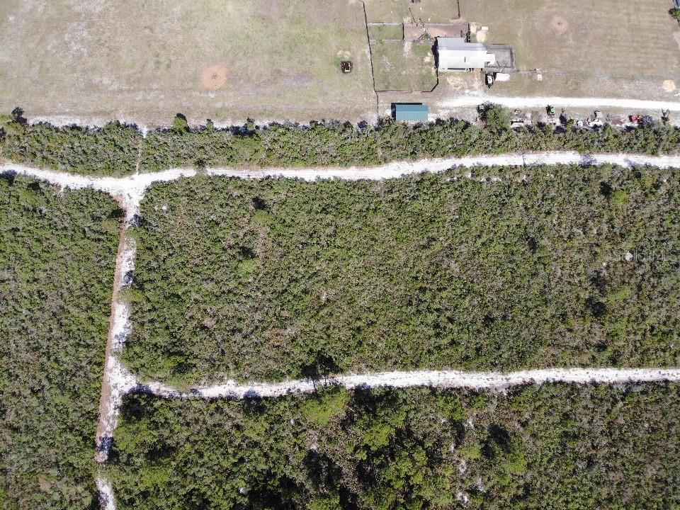 An aerial view shows a rectangular, wooded lot bordered by dirt roads and nearby buildings — 708 POPPY STREET, SEBRING, FL