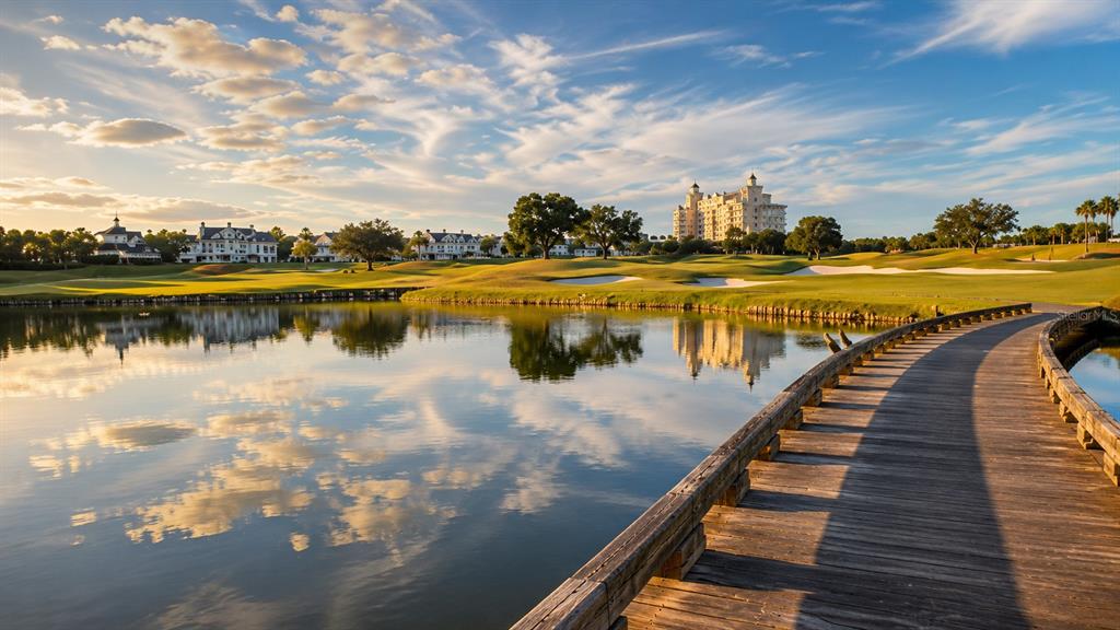 A wooden footbridge leads across a lake toward a golf course and large resort building — 341 MUIRFIELD LOOP, KISSIMMEE, FL
