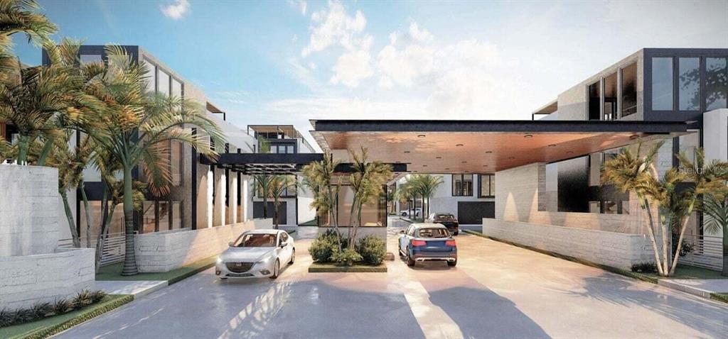 This is a rendering of a modern residential complex entrance with a large covered driveway — 901 S OCEAN DRIVE, FORT PIERCE, FL