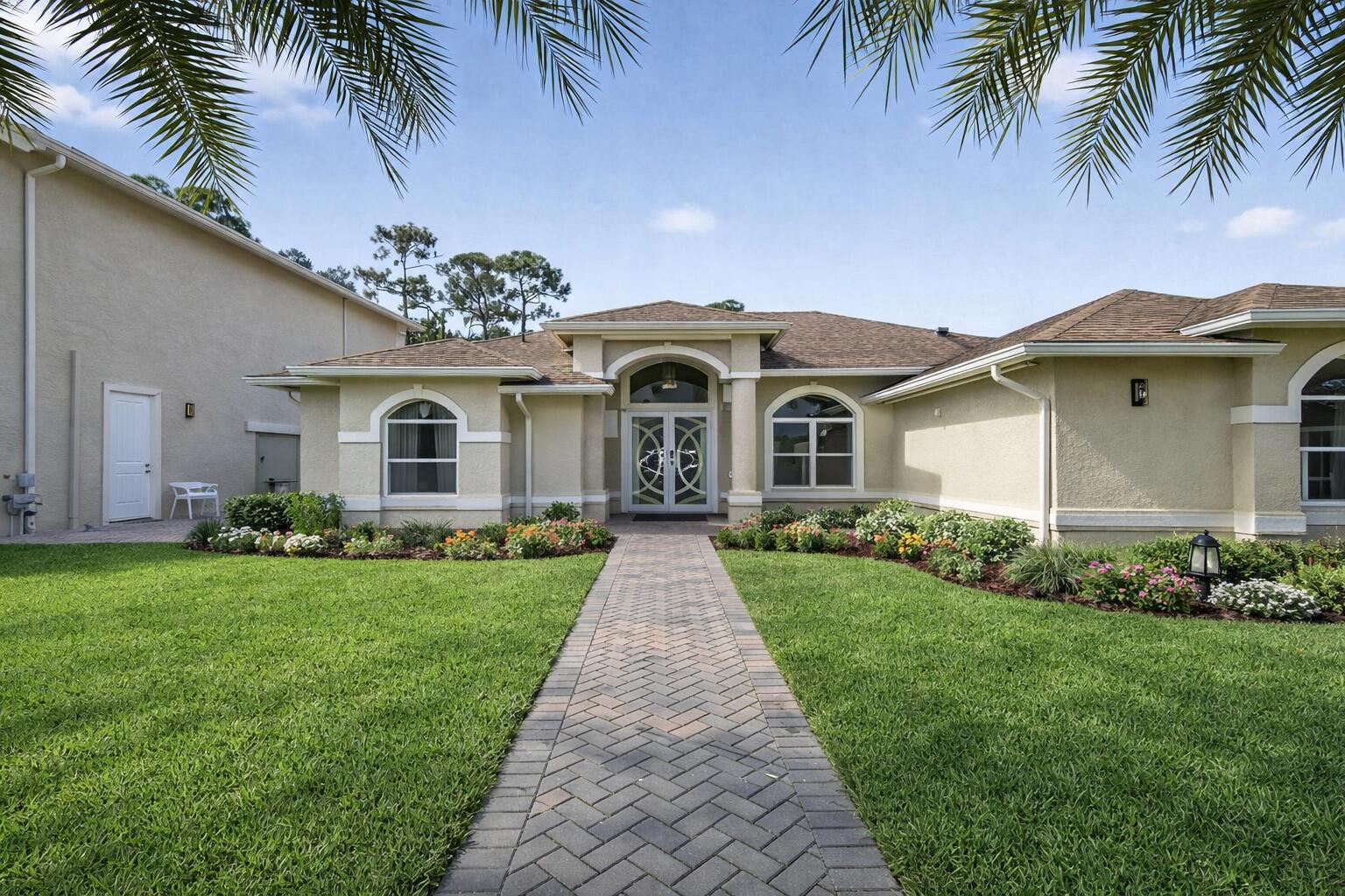 A single-story house with a beige stucco exterior, arched windows, and a brick walkway — 12038 Key Lime Boulevard, FL 33412, FL