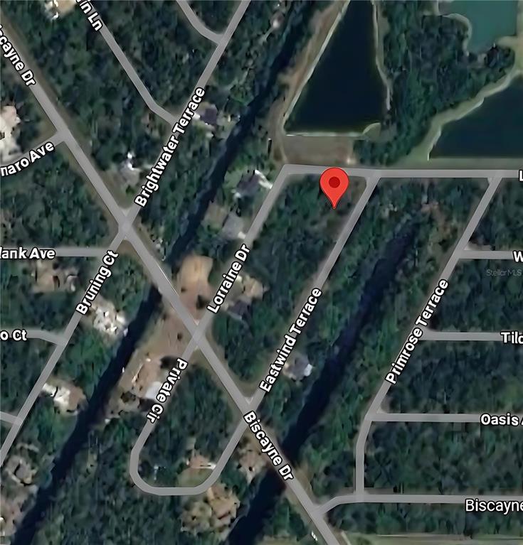 This is a satellite map showing a vacant lot marked with a red pin — 2096 LORRAINE DRIVE, PORT CHARLOTTE, FL