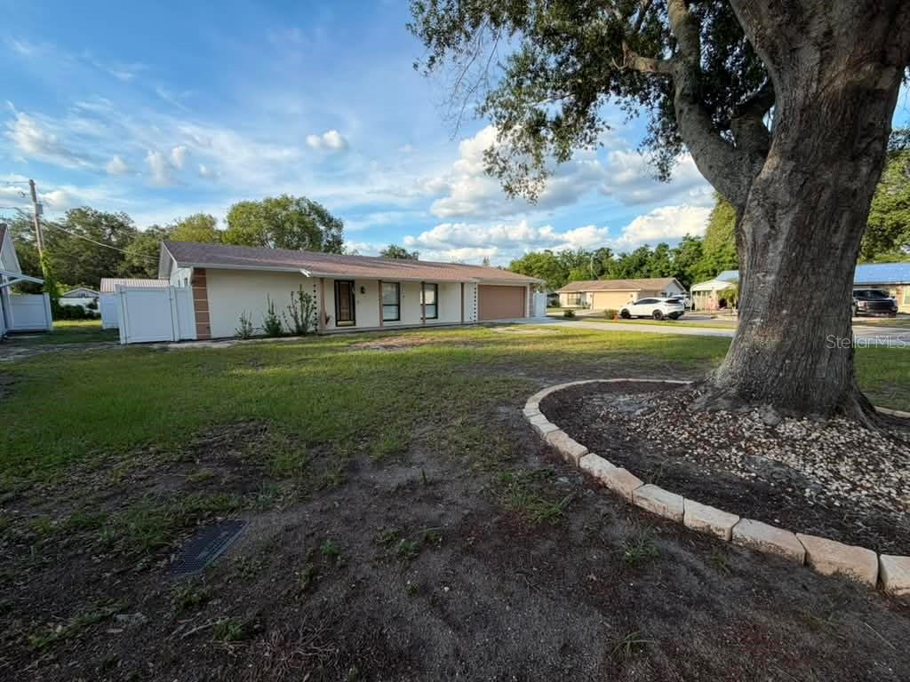 A single-story house with a tan exterior, a two-car garage, and a large front tree — 1210 BRANDA VISTA DRIVE, BRANDON, FL
