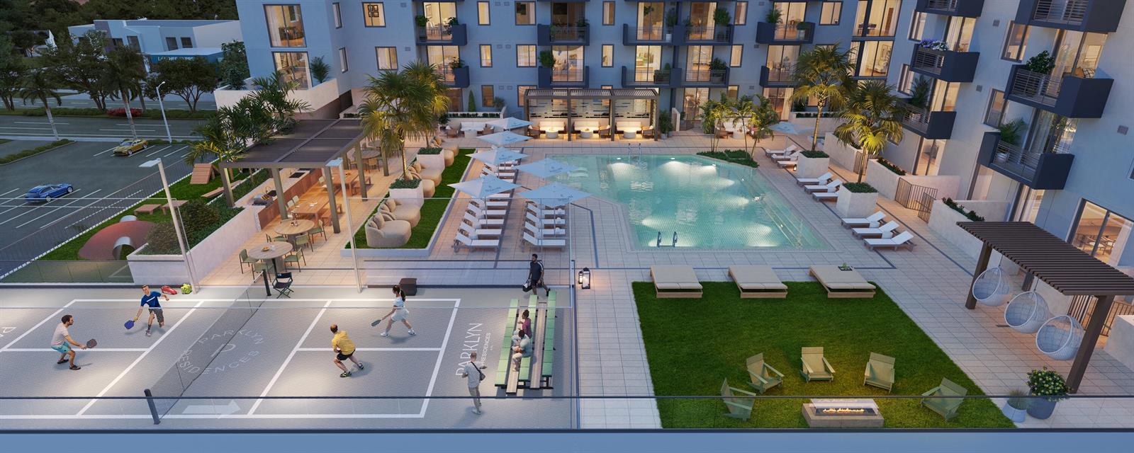 This architectural rendering shows an apartment complex courtyard with a swimming pool, pickleball court, and lounge — 3411 N Federal Highway # 305, Oakland Park FL 33306, OAKLAND PARK, FL