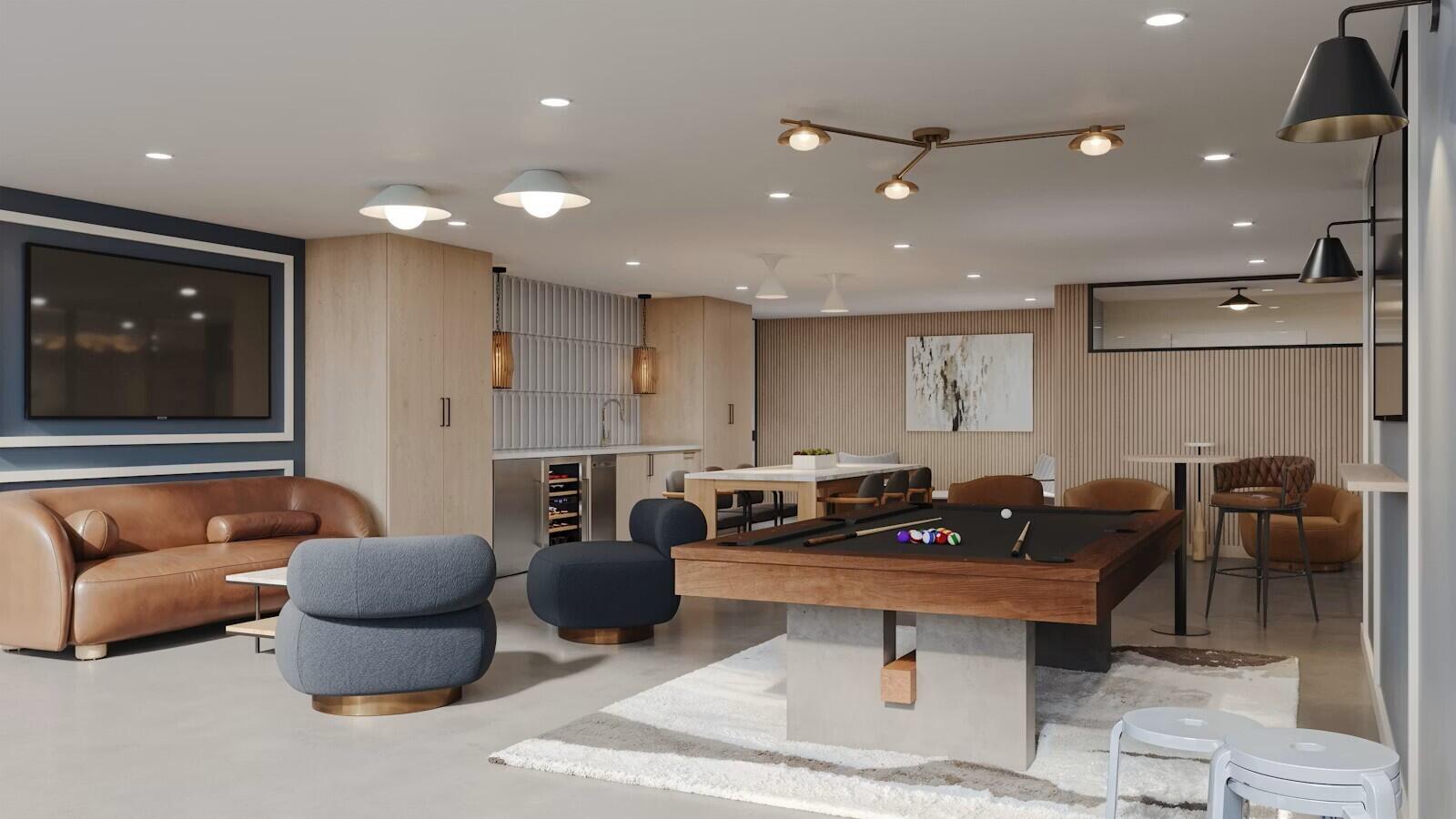 This rendering shows a modern lounge area with a pool table, bar, and seating — 3411 N Federal Highway # 305, Oakland Park FL 33306, OAKLAND PARK, FL
