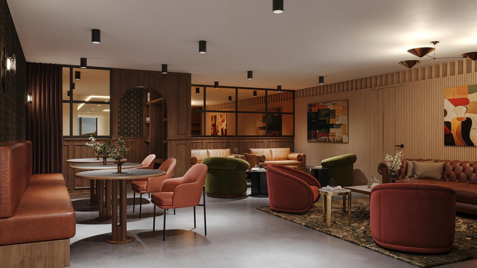 This rendering shows a modern lounge area with varied seating, wood paneling, and recessed lighting — 3411 N Federal Highway # 305, Oakland Park FL 33306, OAKLAND PARK, FL