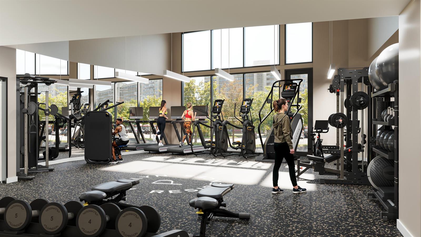 This rendering shows a modern fitness center with gym equipment, large windows, and rubber flooring — 3411 N Federal Highway # 305, Oakland Park FL 33306, OAKLAND PARK, FL