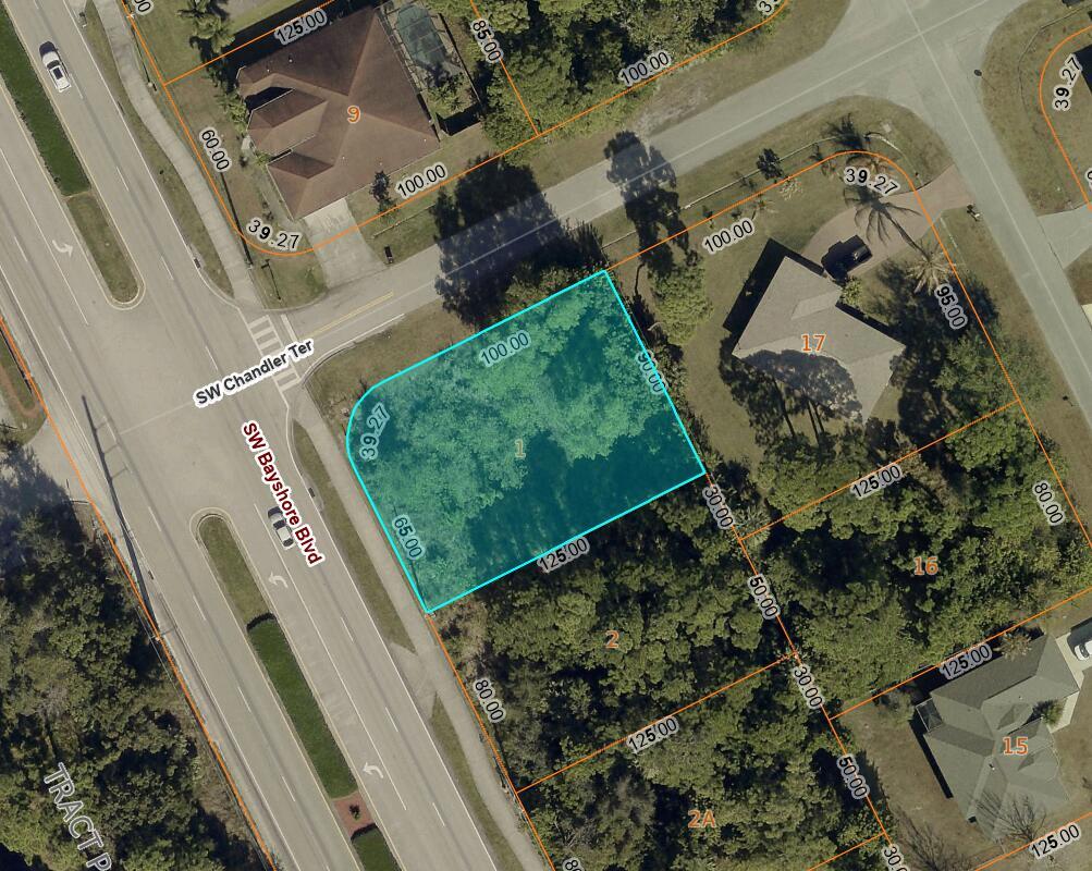 This is a satellite map showing a highlighted vacant residential lot at a street corner — 398 SW Chandler Terrace, Port St. Lucie FL 34984, PORT ST. LUCIE, FL