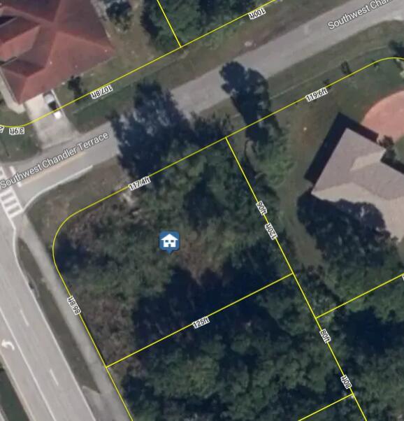This is an aerial map view of a vacant, wooded residential lot with property dimensions — 398 SW Chandler Terrace, Port St. Lucie FL 34984, PORT ST. LUCIE, FL