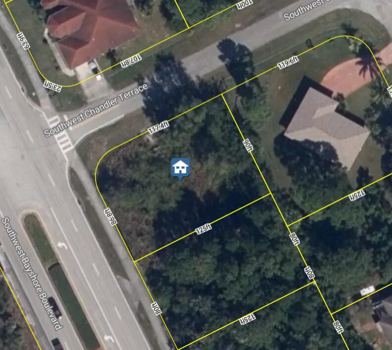 This is an aerial map view of a vacant residential lot on a corner — 398 SW Chandler Terrace, Port St. Lucie FL 34984, PORT ST. LUCIE, FL