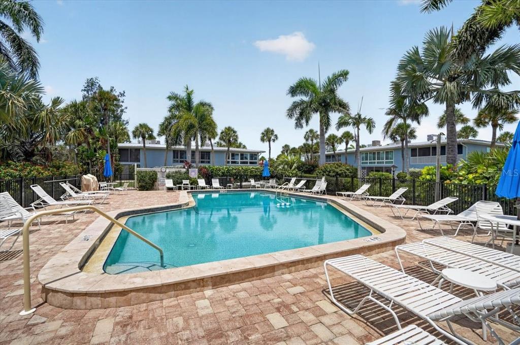 An outdoor swimming pool surrounded by lounge chairs, palm trees, and multi-story residential buildings — 600 MANATEE AVENUE UNIT 230, HOLMES BEACH, FL
