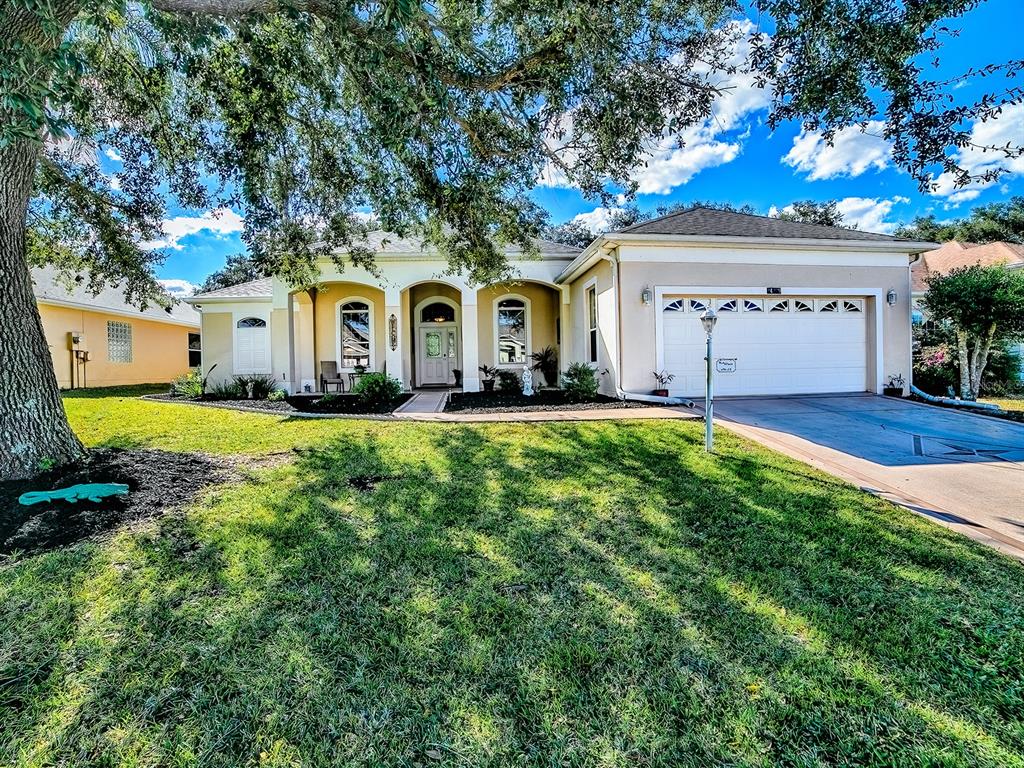 A single-story house with a beige stucco exterior, a two-car garage, and a large tree — 24239 BELLE MEDE DRIVE, LEESBURG, FL