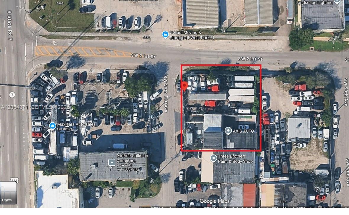 This is an aerial map view of a commercial property lot outlined in red — 2103 SW 59th Ter, West Park FL 33023, WEST PARK, FL