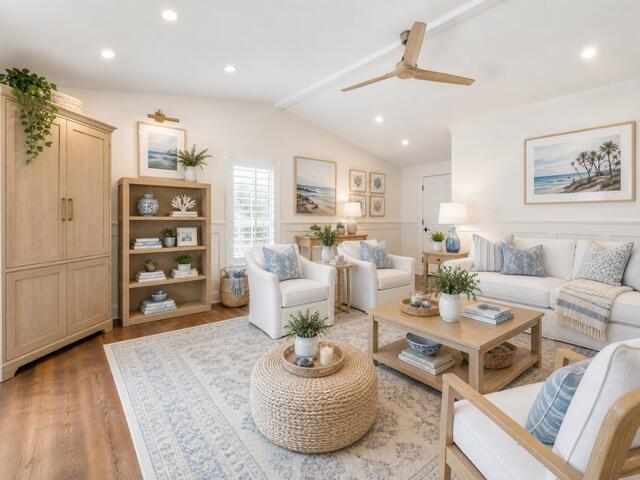 A bright living room features light wood furniture, white armchairs, a sofa, and coastal decor — VERO BEACH, FL