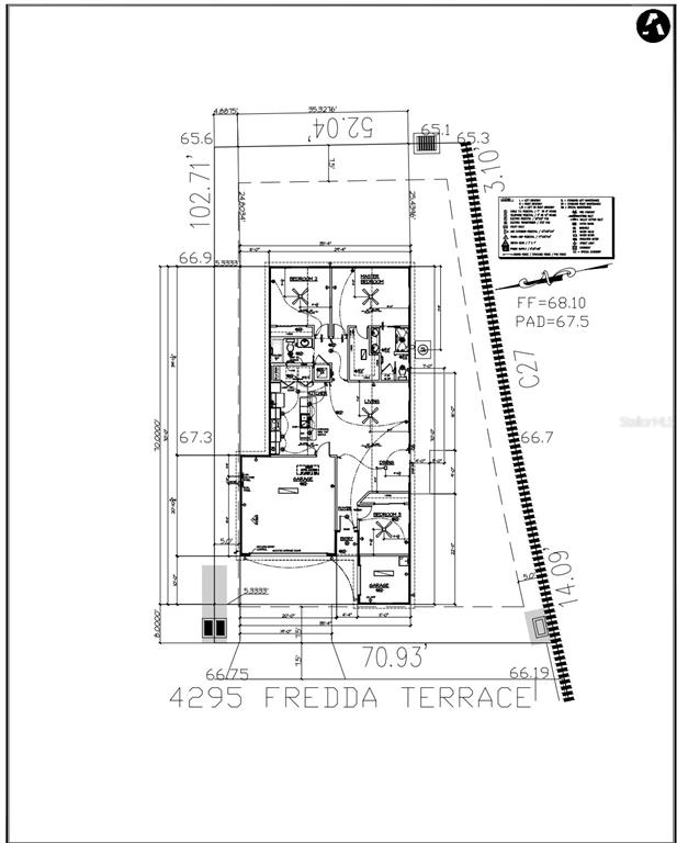 This is a floor plan showing the layout of a residential house on its lot — 4295 FREDDA TERRACE, THE VILLAGES, FL
