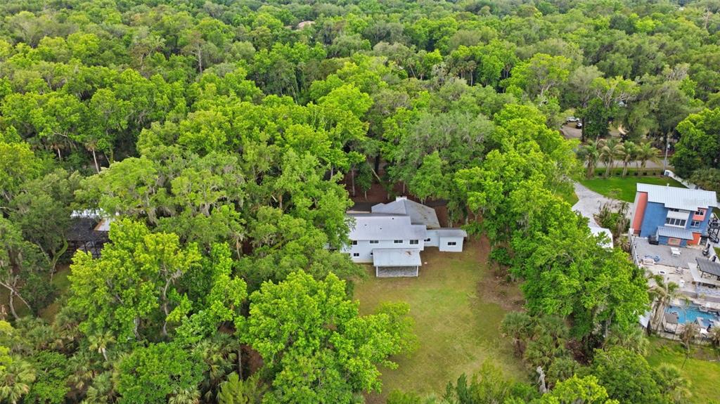 An aerial view shows a light-colored house nestled within a dense, wooded forest — 555 WILDWOOD DRIVE, NEW SMYRNA BEACH, FL
