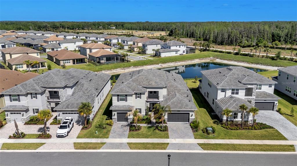 An aerial view shows three suburban houses with gray roofs and driveways facing a street — 3405 JUNIPER SPRINGS STREET, WESLEY CHAPEL, FL