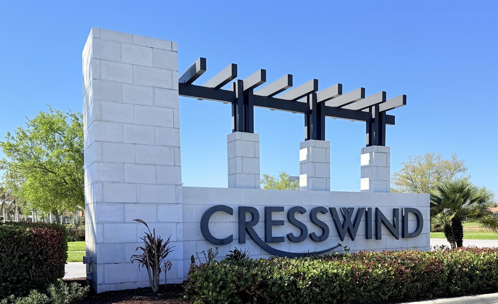 A large white stone monument sign with the name CRESSWIND stands outdoors under a blue sky — 9318 SW Miracoli Way, Port St. Lucie FL 34987, PORT ST. LUCIE, FL