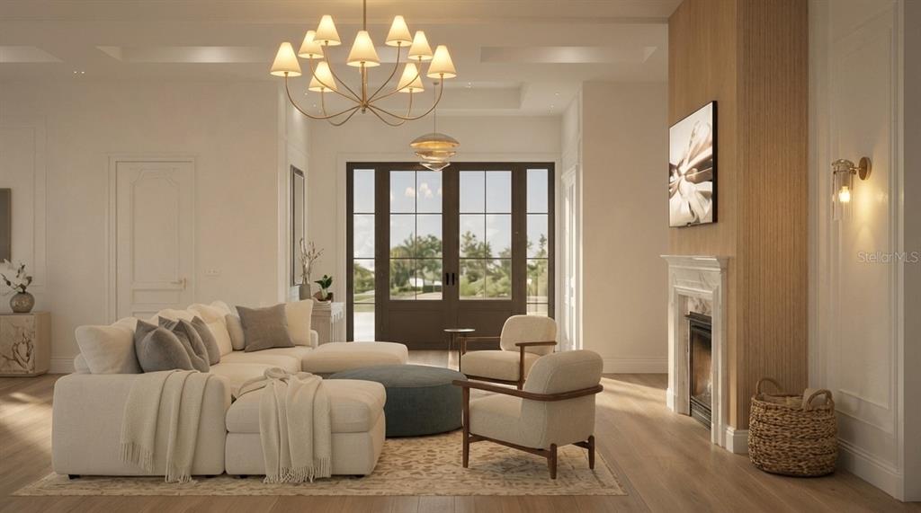 This rendering shows a living room with a sectional sofa, fireplace, and large chandelier — 312 BRILEY AVENUE, OAKLAND, FL