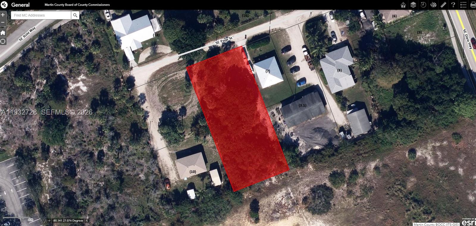 This is an aerial map showing a rectangular parcel of land highlighted in red — 0 SE PAGE STREET, Hobe Sound FL 33455, HOBE SOUND, FL