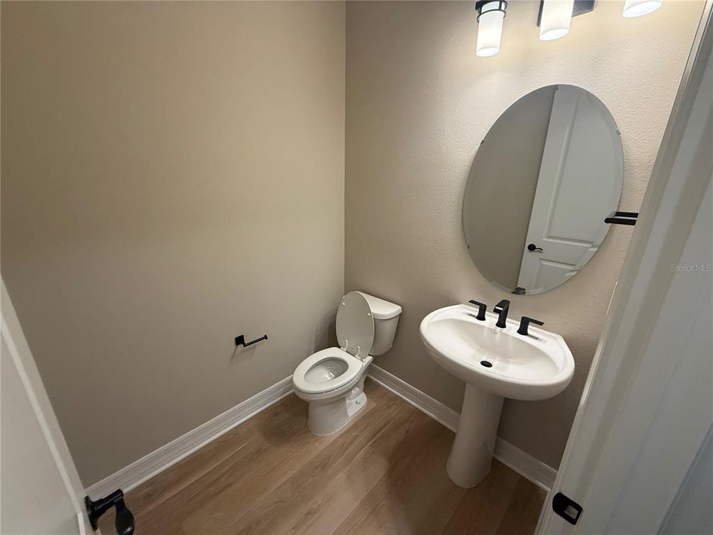 A half bathroom features a pedestal sink, oval mirror, toilet, and light wood-look flooring — 455 WINTER GROVE BOULEVARD, WINTER GARDEN, FL