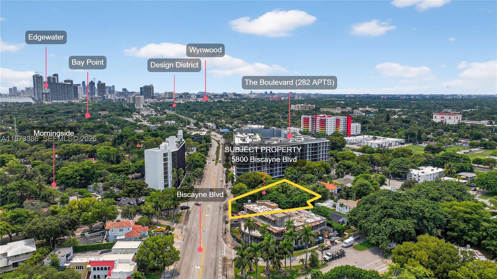 This aerial view shows a construction site along a road with surrounding urban development — 5800 Biscayne Blvd, Miami FL 33137, MIAMI, FL