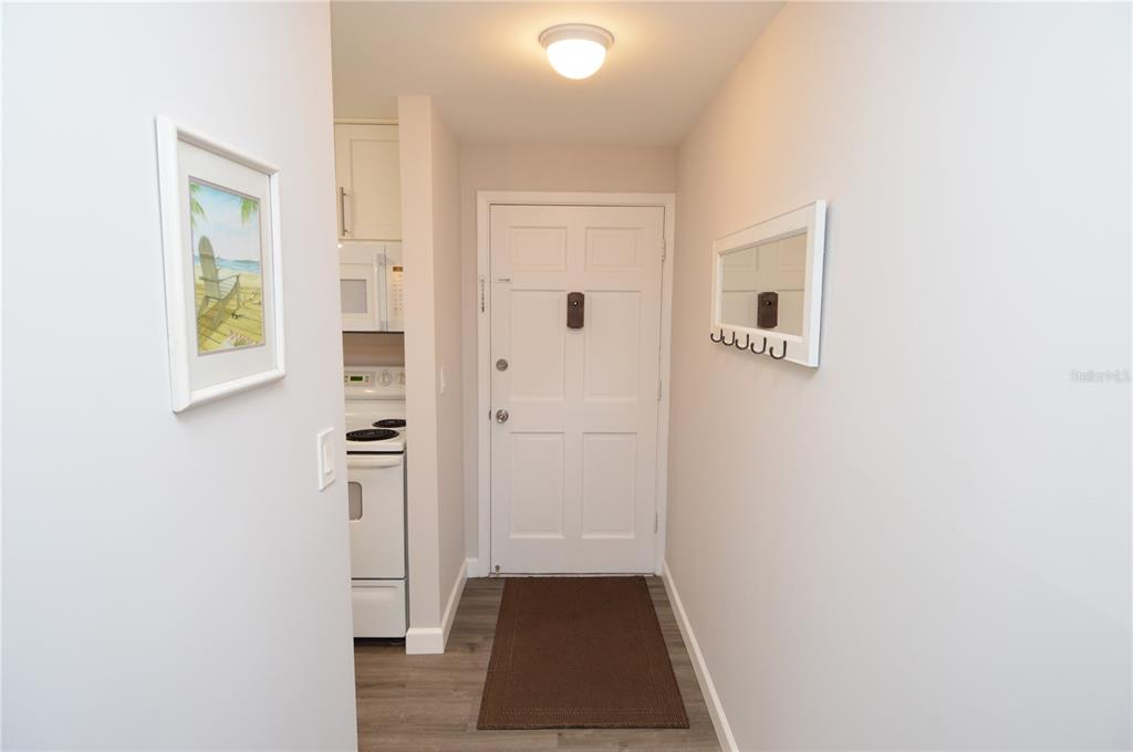 An entryway with a white door, a brown rug, and a wall-mounted mirror with hooks — 12760 INDIAN ROCKS ROAD UNIT 605, LARGO, FL