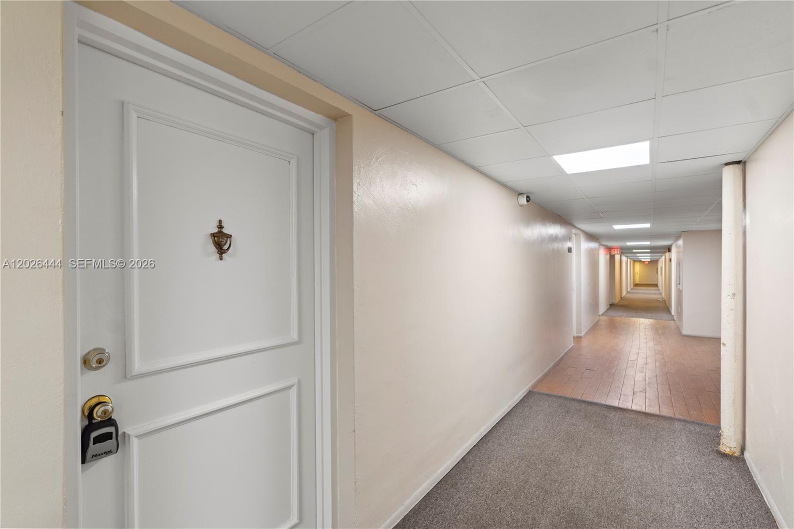 A long apartment hallway features a white door, carpeted flooring, and a drop ceiling — 7100 NW 17th St # 219, Plantation FL 33313, PLANTATION, FL